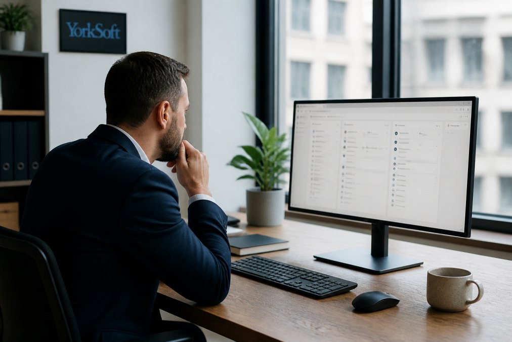 Business professional reviewing clean, minimalist web interface on desktop monitor in modern office with natural lighting
