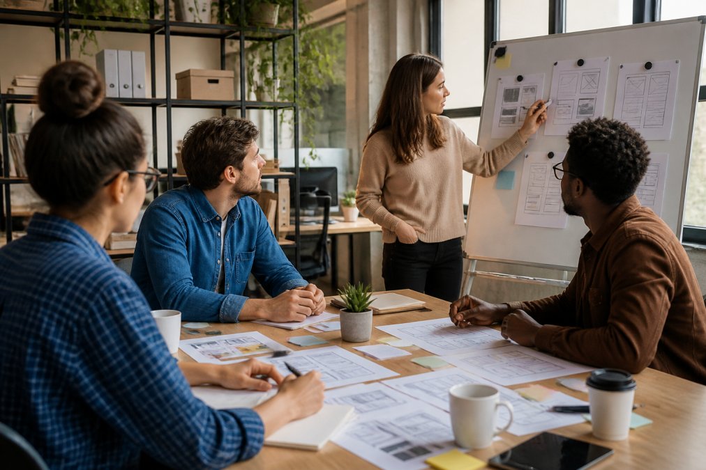 Diverse team of developers and designers collaborating at modern office desk, discussing web application design on multiple computer screens and whiteboard