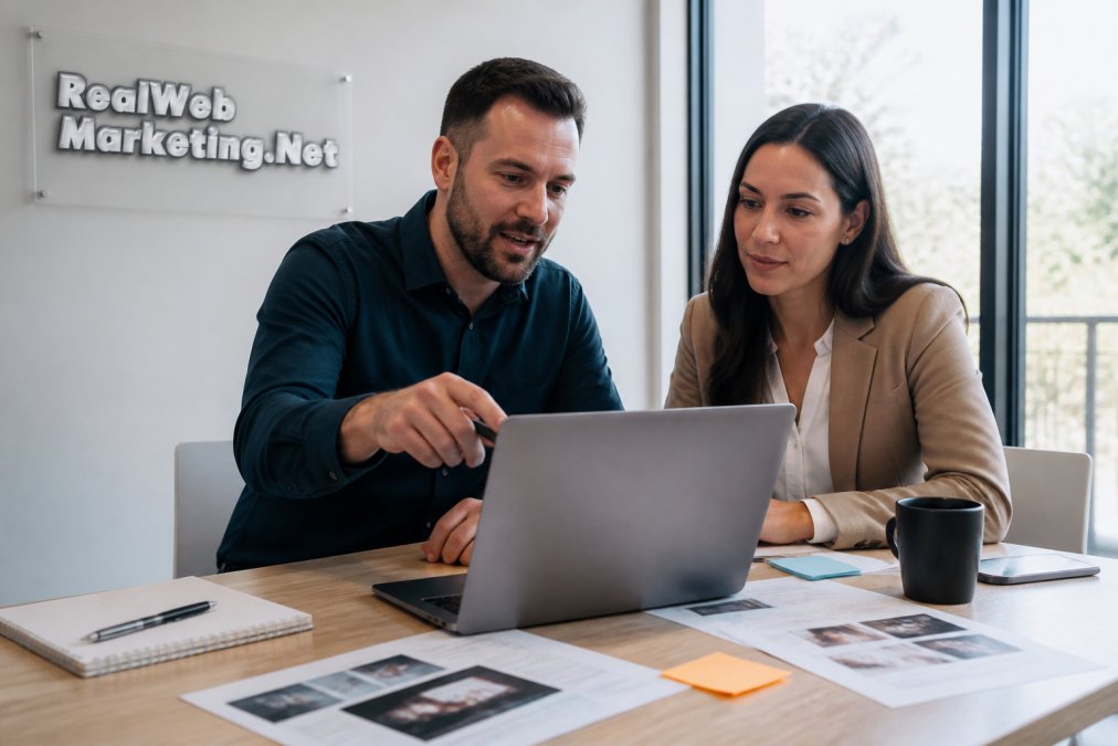 Professional business owner and marketing director reviewing website mockups and analytics dashboards on a laptop during a consultation meeting in a modern office with natural lighting