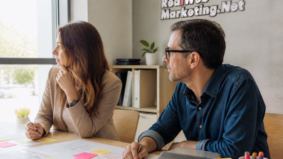 Marketing manager and web designer reviewing a personalized B2B homepage on a large monitor in a bright office, sticky notes on the desk