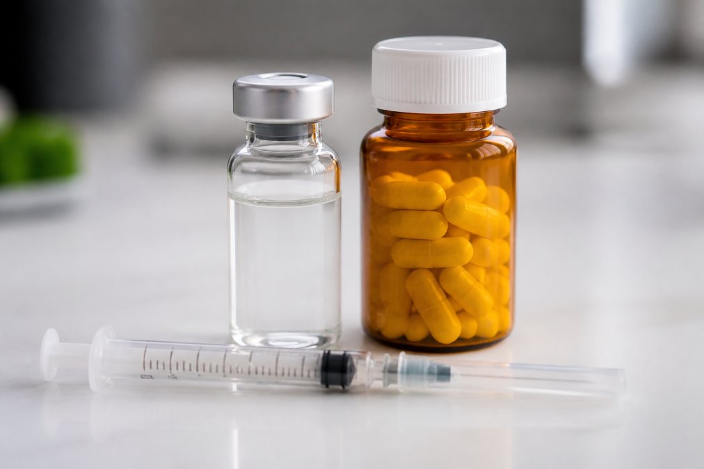 Close-up of a glass vial of injectable vitamin B6 solution and a bottle of oral B6 capsules placed side by side on a clean white surface with a capped syringe resting nearby, under bright studio lighting