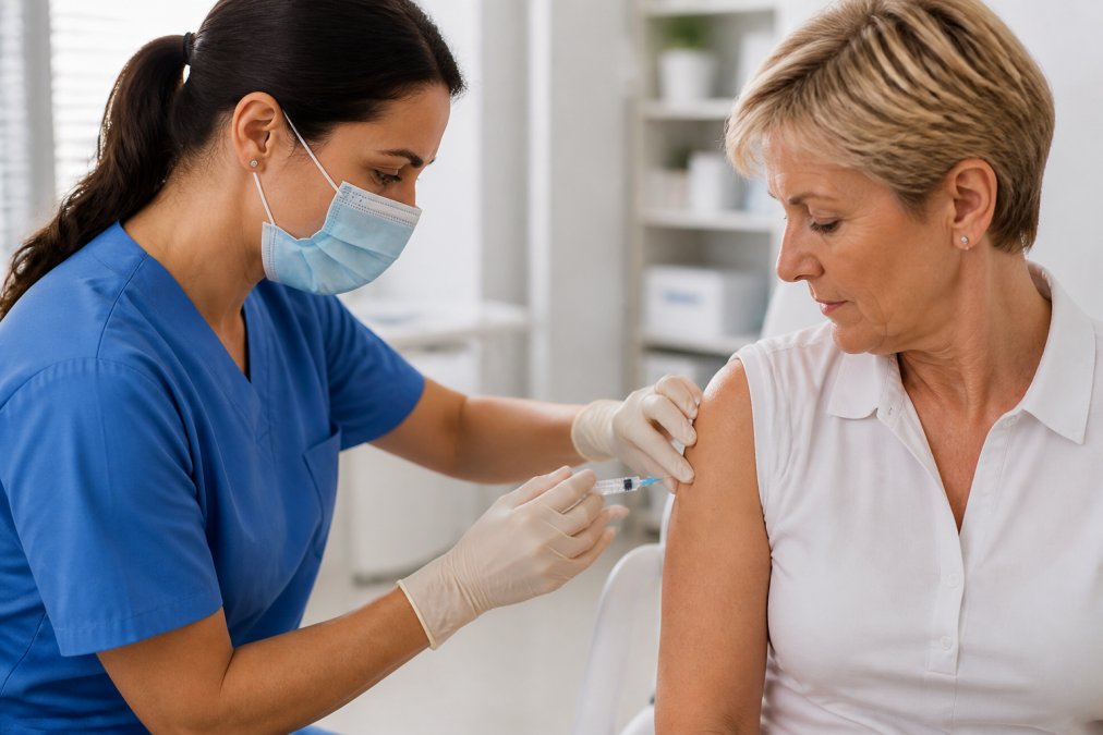A healthcare professional in blue scrubs carefully administering an intramuscular injection into a patient's upper arm in a bright, clean clinical setting with natural overhead lighting