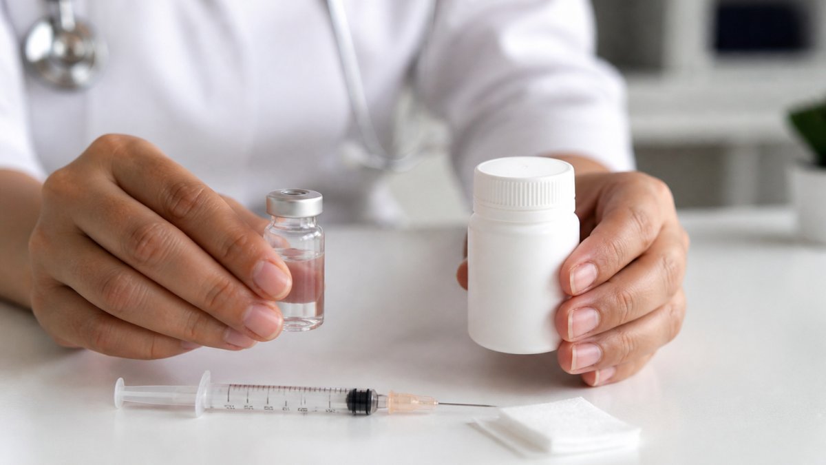 A close-up of a healthcare professional's hands holding a small B6 injection vial next to a pill bottle on a clean white counter, with a syringe and alcohol swab nearby