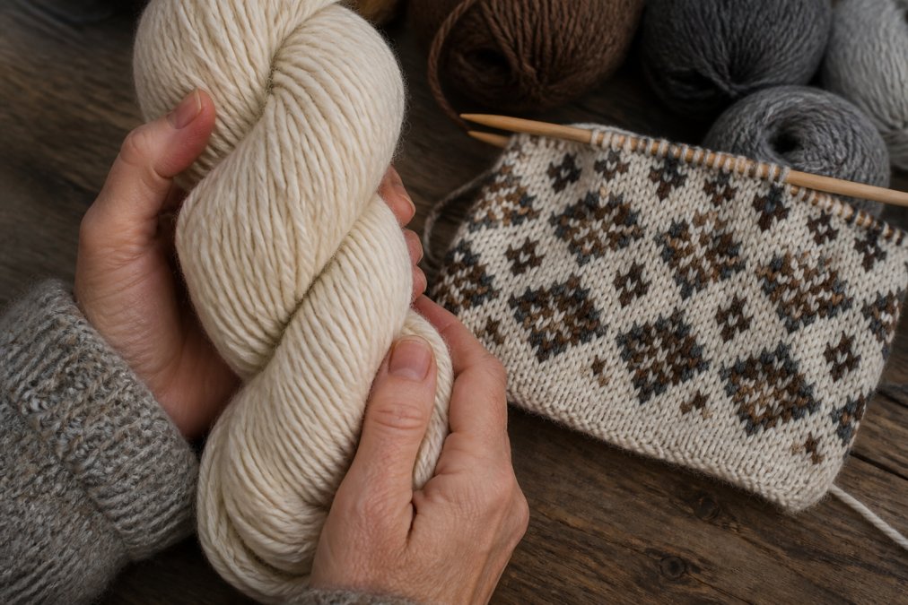 Close-up of hands holding a skein of undyed Shetland wool yarn beside a partially knitted Fair Isle swatch on wooden needles