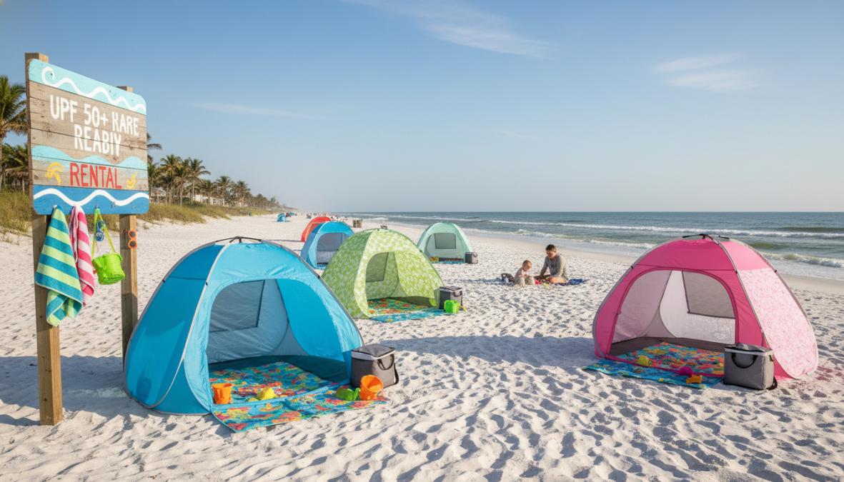 A family with a baby relaxing under a white pop-up beach cabana tent on a bright sunny Florida beach, with calm ocean waves in the background, beach chairs set up on either side, and parents sitting in the shade while the infant plays on a blanket