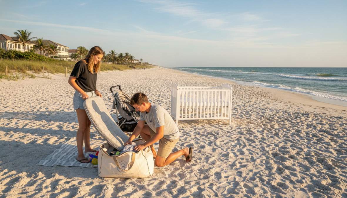 A smiling parent kneeling beside a freshly delivered white full-size crib in a bright vacation rental bedroom with sheer curtains and a glimpse of beach through the window, a toddler reaching toward the crib rail