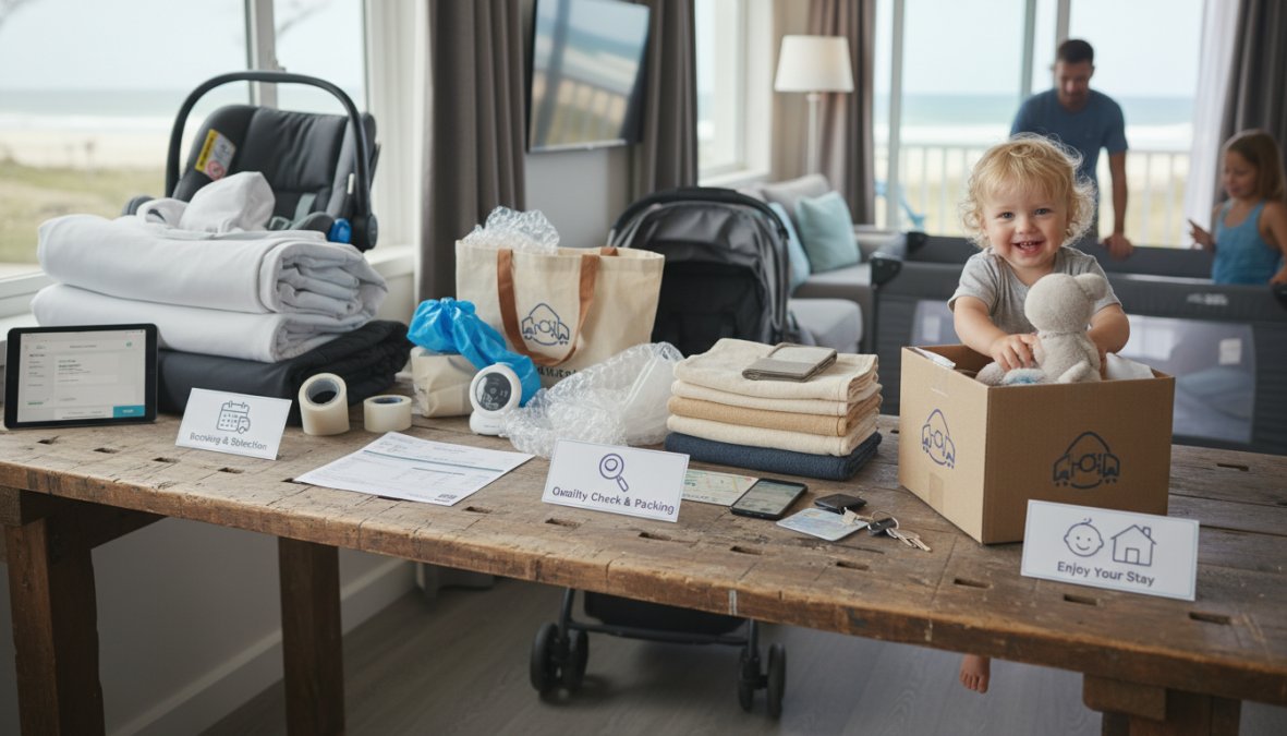 A friendly delivery person in a clean uniform setting up a white crib inside a bright, airy vacation rental living room with coastal decor, while a smiling parent holds a toddler nearby and watches the setup process