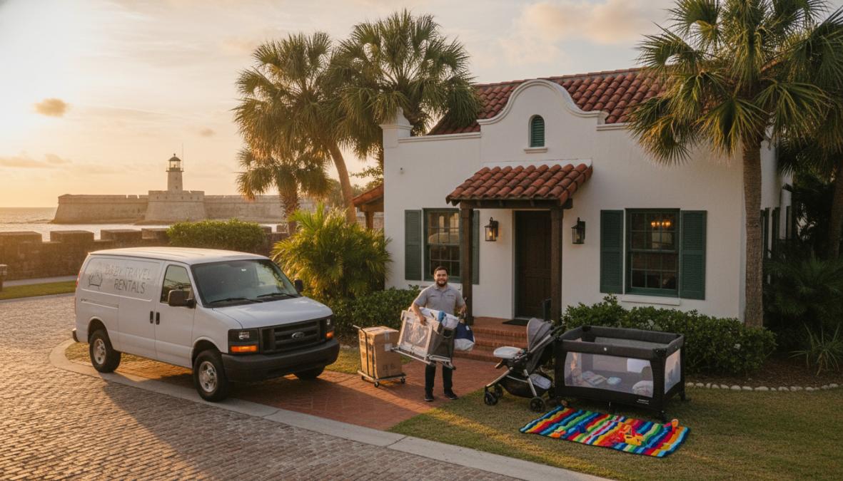 A young family with a baby in a stroller walking along a sunny Saint Augustine beachside street lined with palm trees, with colorful vacation rental homes and a beach wagon visible in the warm afternoon light