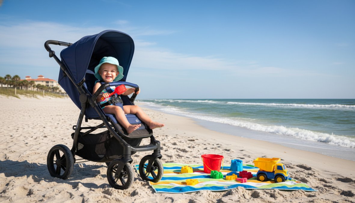 Smiling grandparent couple on a sunny Northeast Florida beach with a grandchild seated in a premium stroller, a bright-colored beach wagon loaded with towels and toys visible beside them, calm Atlantic Ocean in the background, warm midday light