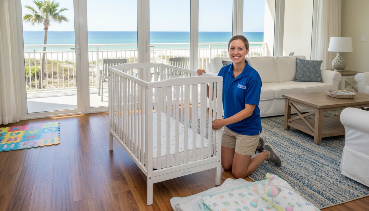 A smiling delivery person in a light blue polo shirt setting up a full-size white crib inside a bright, airy vacation rental living room with large beach-view windows and natural morning light streaming in
