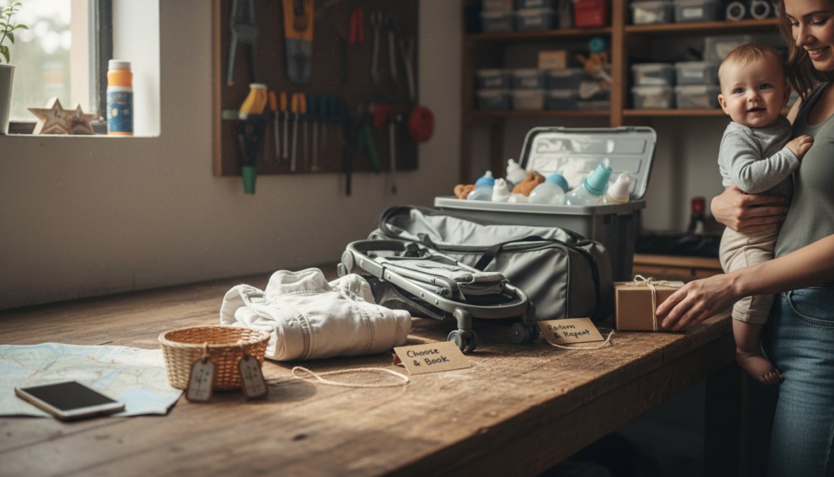 A friendly delivery person in a branded polo shirt assembling a white pack and play inside a sunlit vacation rental bedroom with coastal decor while a smiling parent holding a baby on their hip watches from the doorway