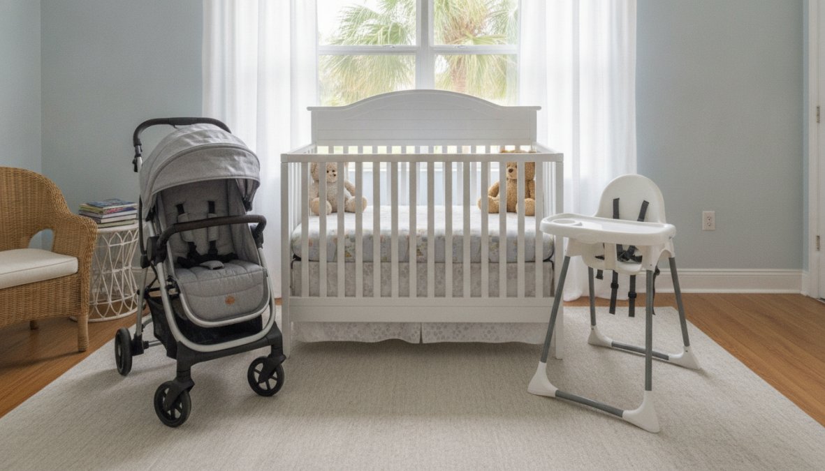 A bright vacation rental bedroom with a full-size crib, jogging stroller, high chair, and pack-n-play neatly arranged near the window overlooking Ponte Vedra Beach