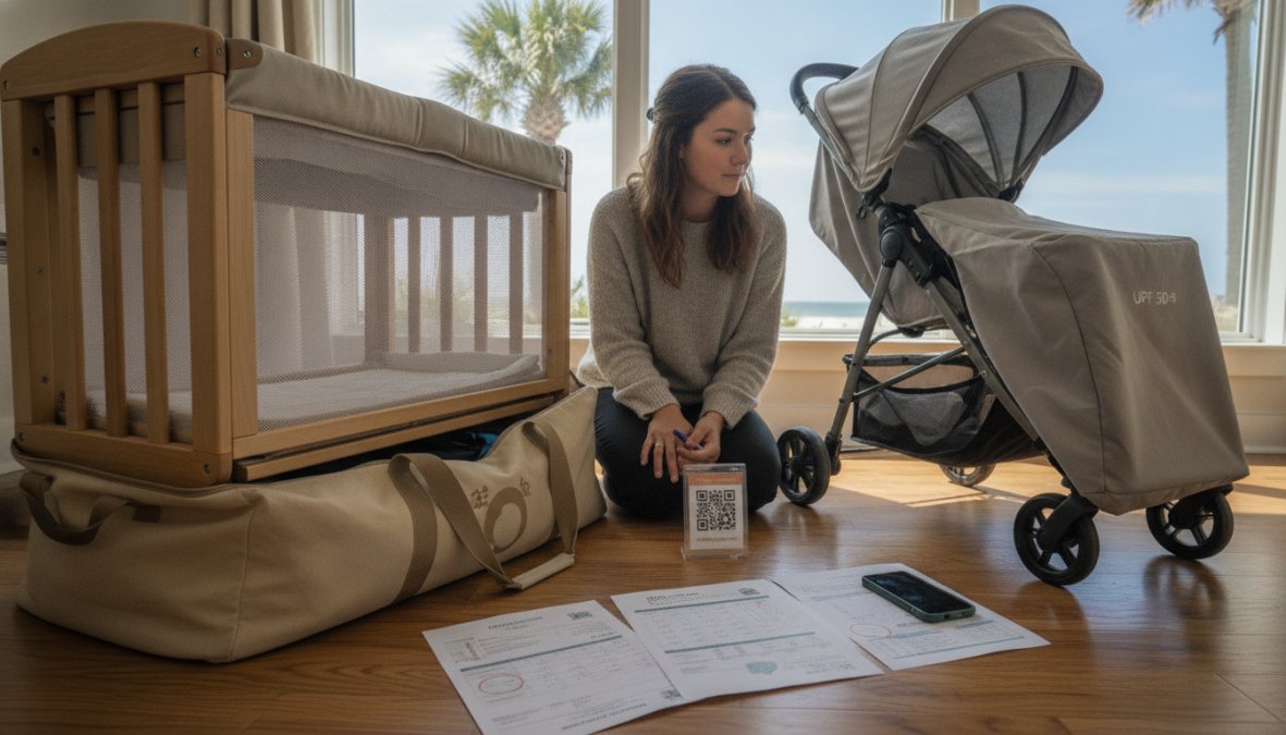 Parent unpacking fresh, sanitized baby gear delivered to a beachfront vacation rental in Northeast Florida, with a crib and stroller visible