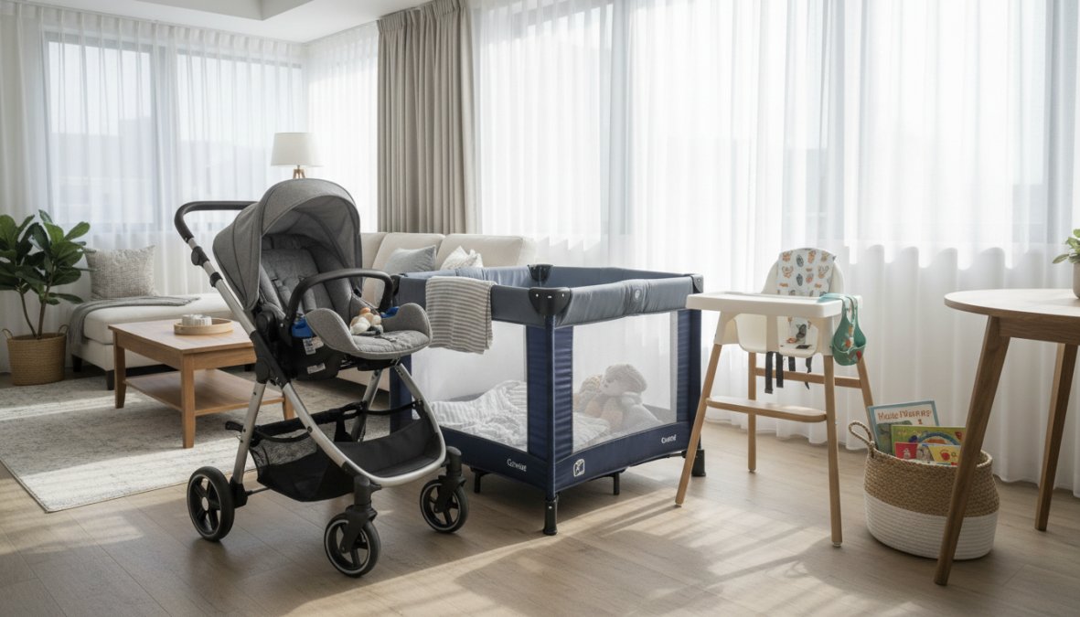 A neatly arranged collection of clean baby gear including a pack n play, stroller, and high chair set up inside a bright, sun-lit vacation rental living room with white walls and wood floors
