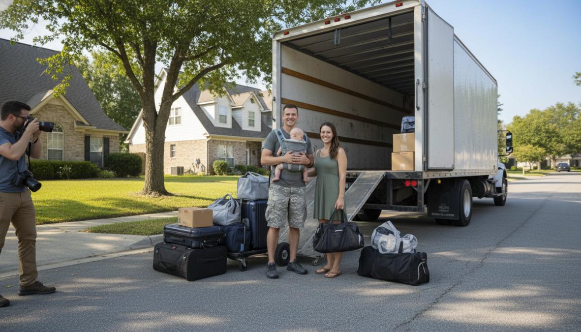 A military family with a young baby in a carrier and packed luggage standing outside a moving truck, smiling in a sunny residential neighborhood with green trees in the background