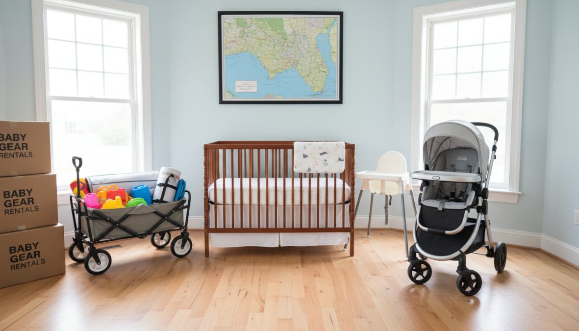 A neatly arranged collection of clean baby gear including a [full-size crib](/crib-rentals/), a stroller, a wooden high chair, and a brightly colored beach wagon displayed in a sunlit, airy room with white walls and natural wood floors, suggesting readiness for delivery