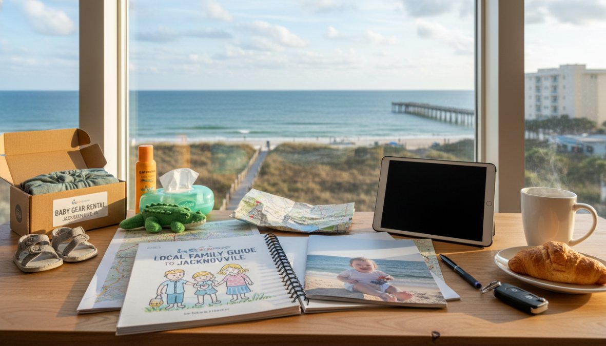 A happy young family with a smiling baby in a stroller walking along a sunny Jacksonville Beach boardwalk, parents laughing and relaxed, ocean waves visible in the background under a bright blue sky