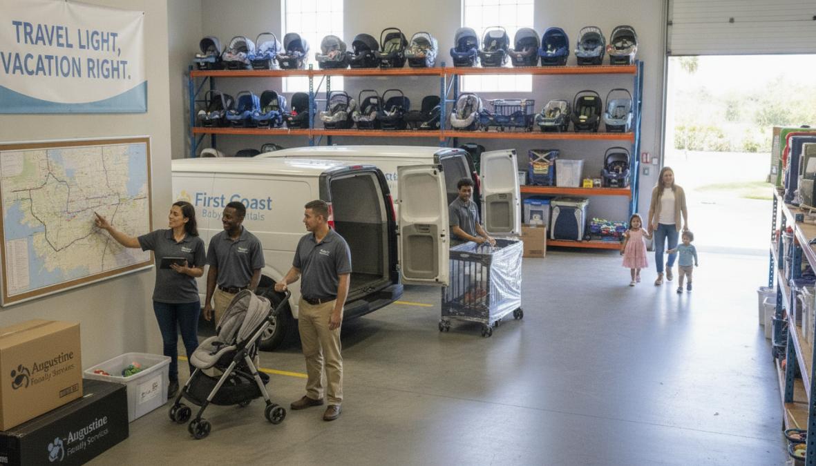 Family of four arriving at a beachfront vacation home in St. Augustine, with a stroller and beach gear already set up on the porch, parents smiling as they unload luggage from a rental car