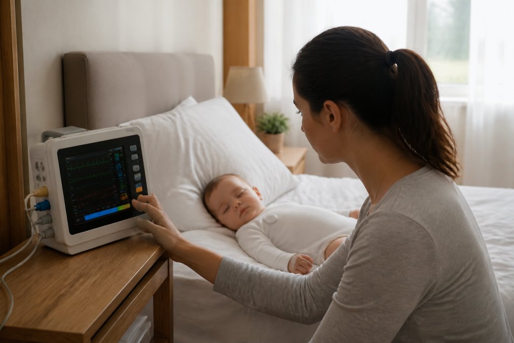 Parent checking a sleeping baby's vital signs using a multi-parameter patient monitor in a home bedroom environment, with the monitor displaying real-time oxygen saturation and heart rate data on screen, soft natural light from window