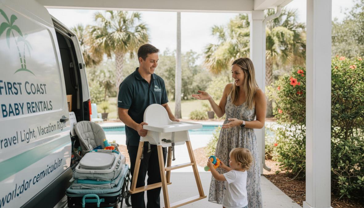 Parent unpacking luggage with a young child nearby, smiling with relief as a high chair sits ready in the corner of a bright vacation rental kitchen