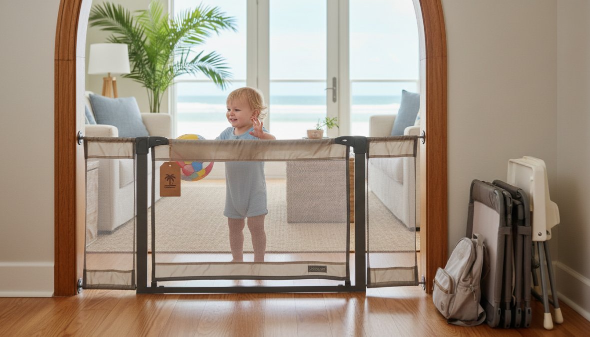 Close-up of a white pressure-mounted mesh baby gate installed in a bright vacation home doorway, warm natural light streaming through a window, with a toddler in a striped shirt standing safely on one side looking through the mesh