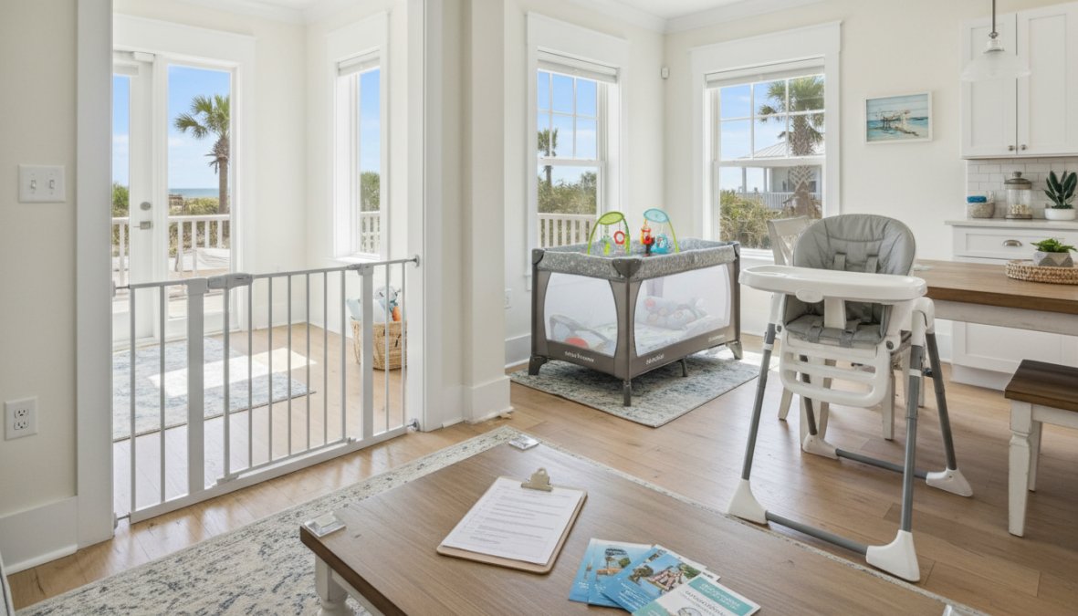 A mother and toddler in a sunny, well-furnished Amelia Island vacation rental living room, a white baby gate visible at the base of a wooden staircase in the background, a playard and highchair arranged near the kitchen, warm afternoon light through large windows