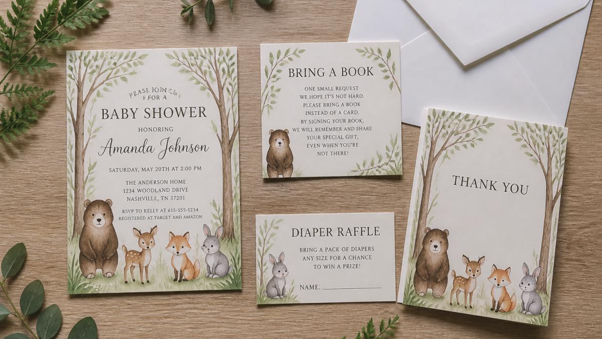 Flat-lay display of a coordinated baby shower stationery suite featuring matching woodland animal designs