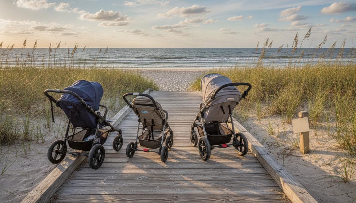 Parent pushing a sturdy beach wagon stroller with large balloon tires across soft sand near the shoreline of Amelia Island, with ocean waves and beach grass visible in the background