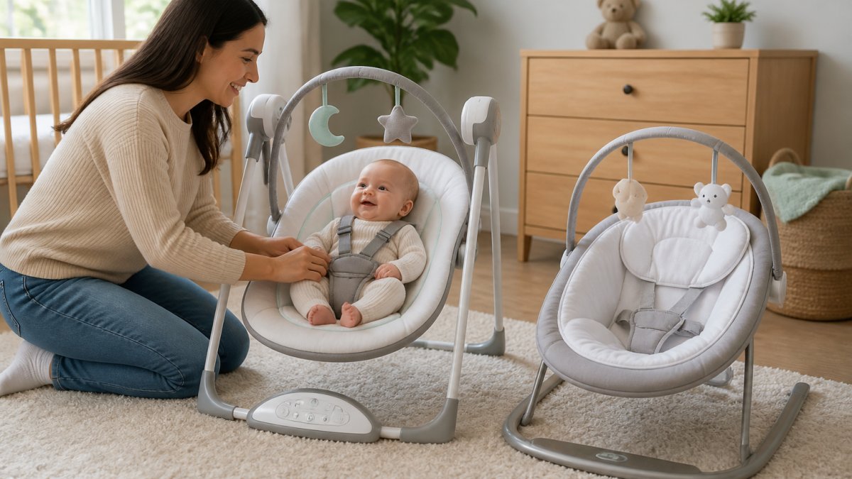 A bright modern nursery with a baby swing and a bouncer side by side, a parent gently placing a baby in the swing while the bouncer sits nearby, soft natural light, calm and organized space