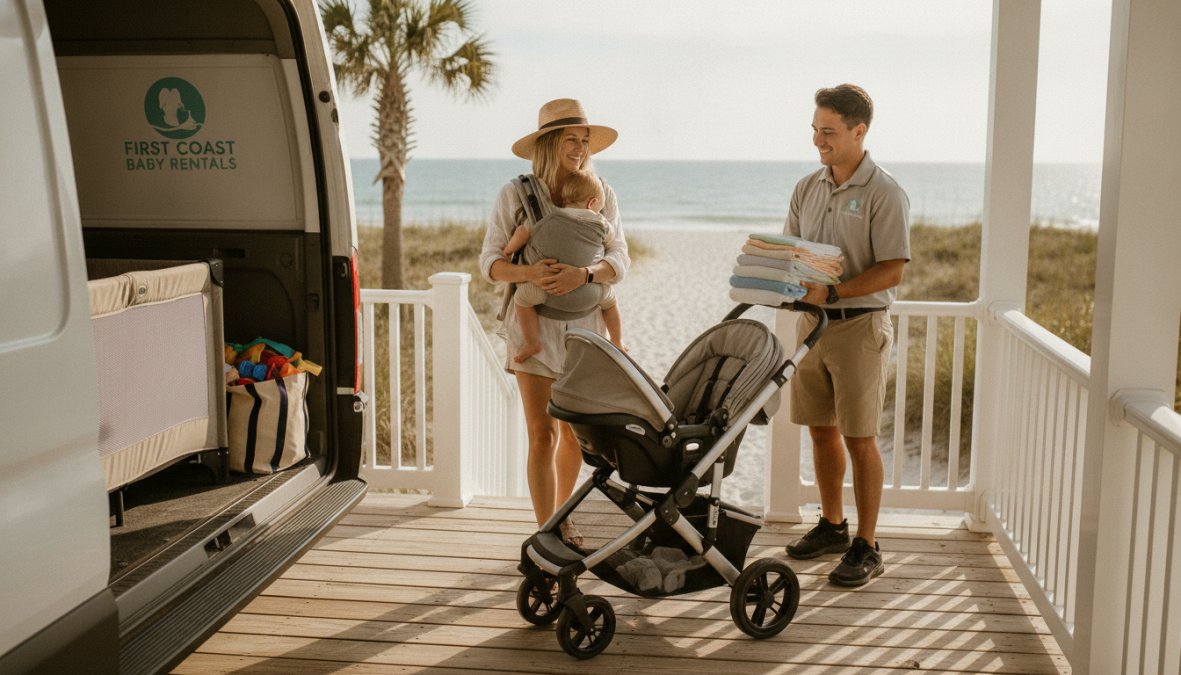 A smiling family of three arriving at a beachfront vacation rental in St. Augustine, with a delivery person setting up a clean white crib and stroller on the screened porch in the background, bright afternoon sunlight streaming in