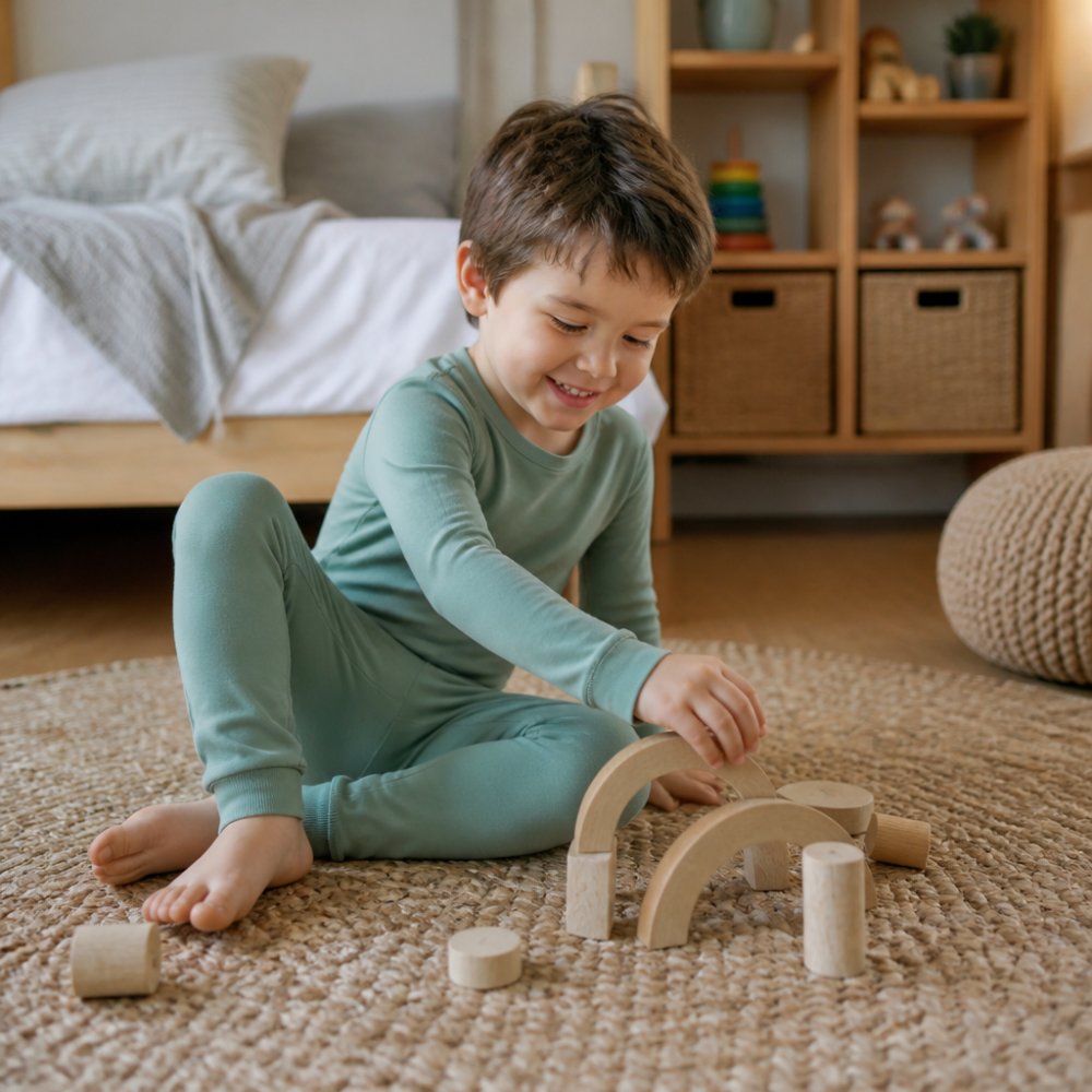 Young child wearing soft bamboo pajamas, smiling and relaxed while playing on a bedroom floor, showing comfort and natural movement