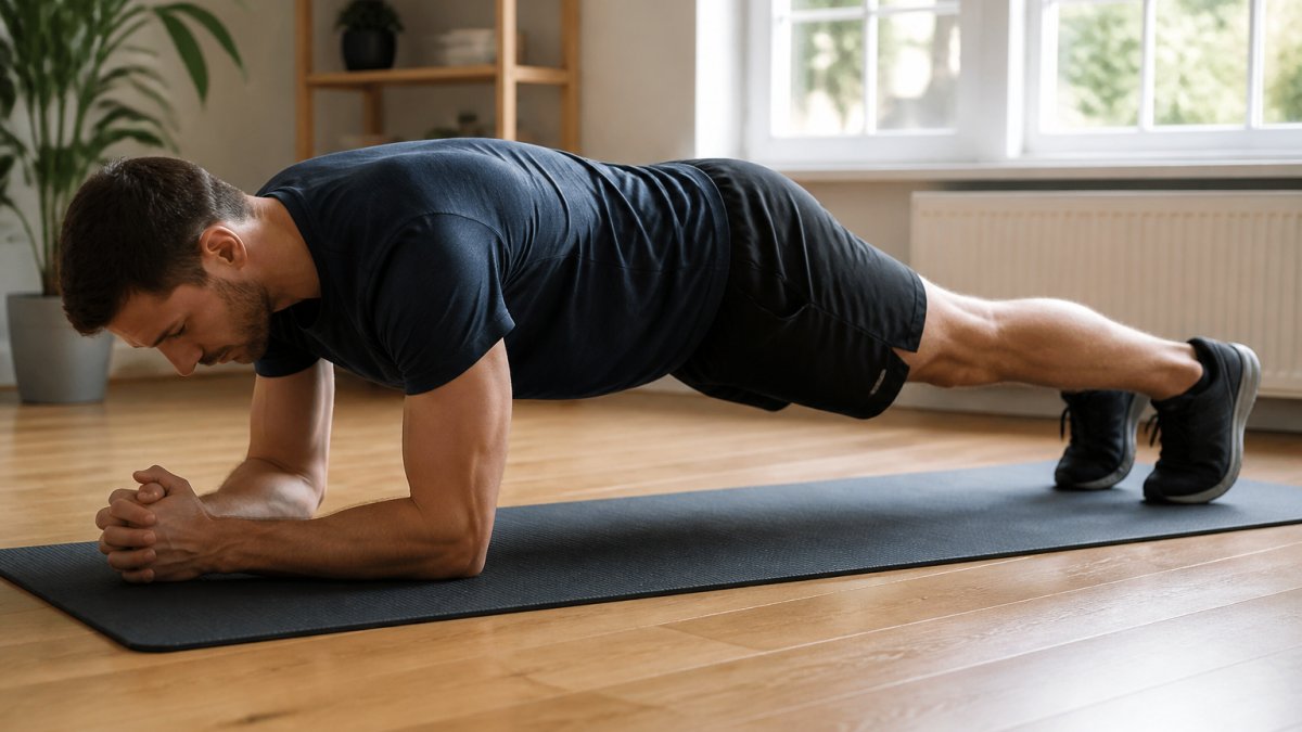 Active adult performing a plank exercise with proper spine alignment on a yoga mat in a home training space, natural window lighting