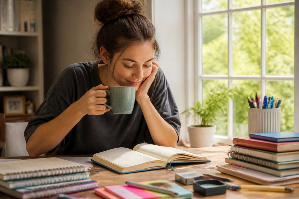 Student or young adult sitting at a desk with a warm mug of coffee or tea, a hardcover journal open in front of them, surrounded by organized back to school supplies, taking a moment of calm with soft natural light from a nearby window
