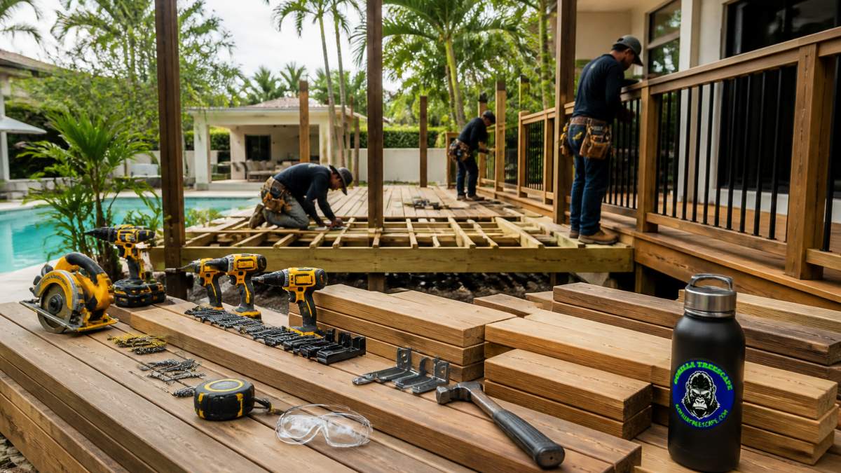 A construction crew building a raised wood deck in a lush Miami backyard, with palm trees and a partially installed railing visible