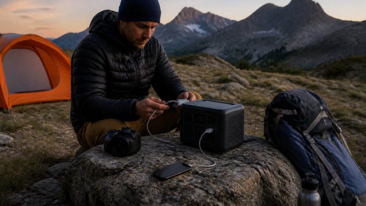 A hiker at a remote campsite charging a phone and camera from a portable power station on a rock, with a tent and mountains in the background at dusk