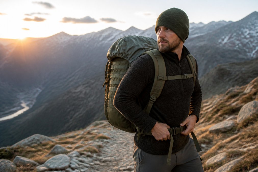 A hiker wearing a hybrid tactical backpack with MOLLE webbing standing on a rocky mountain trail at sunrise, adjusting the hip belt and sternum strap, with a rain cover partially visible on the pack