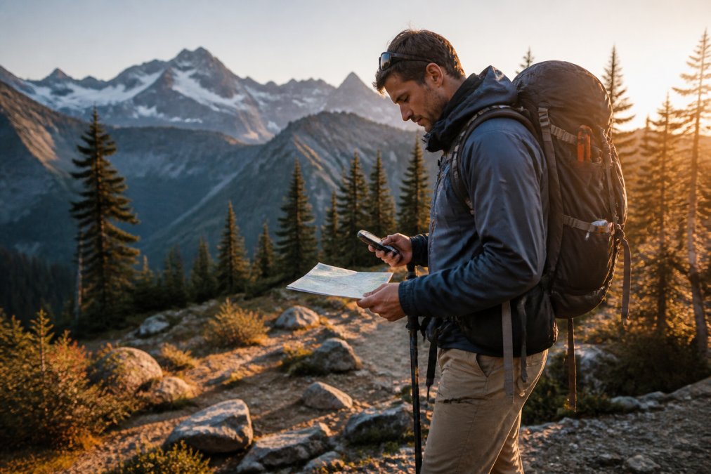 Hiker on mountain trail wearing technical apparel and loaded backpack, examining map or GPS device with alpine terrain and evergreen forest in background, golden hour lighting