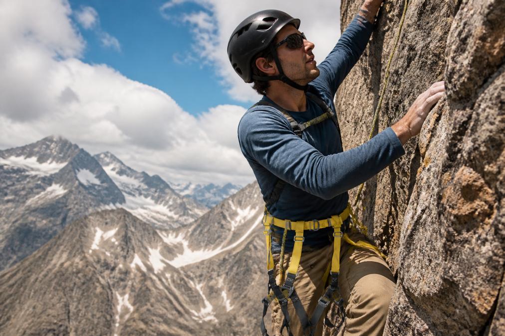 Climber secured with full body harness and carabiners on a steep rock face during a multi-pitch technical climb, hands gripping the stone with mountains visible in the background