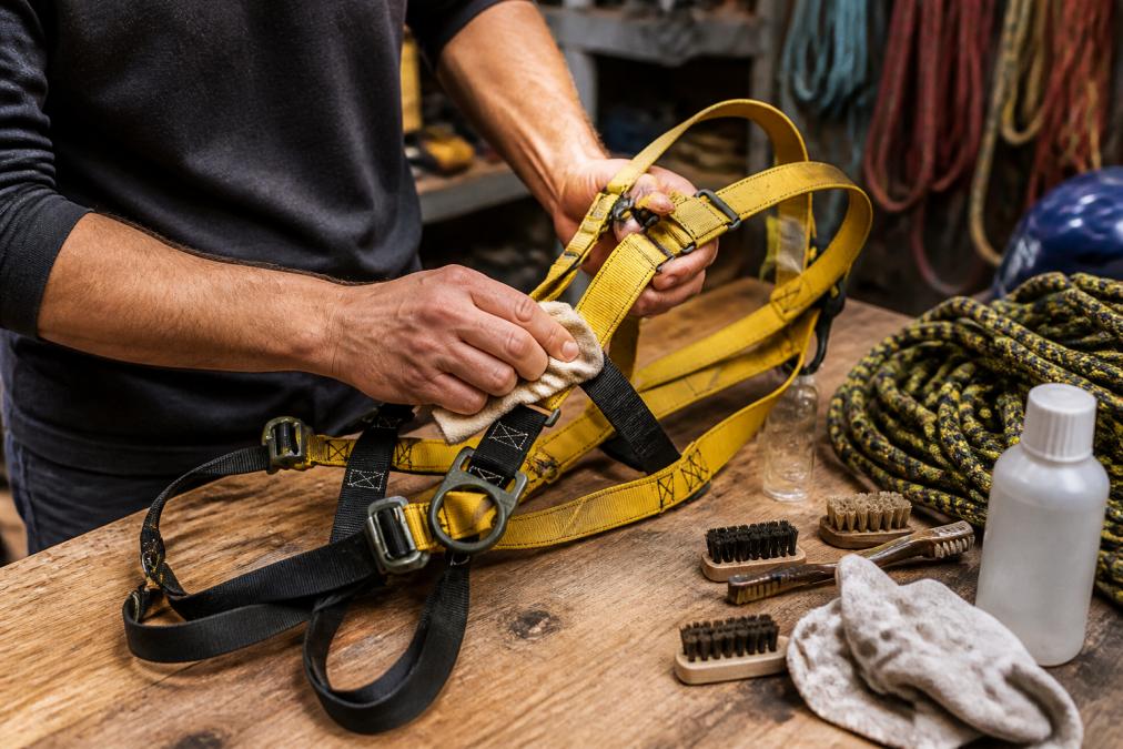 Hands inspecting and cleaning climbing rope and harness equipment on a workbench with maintenance tools, brushes, and cleaning supplies visible