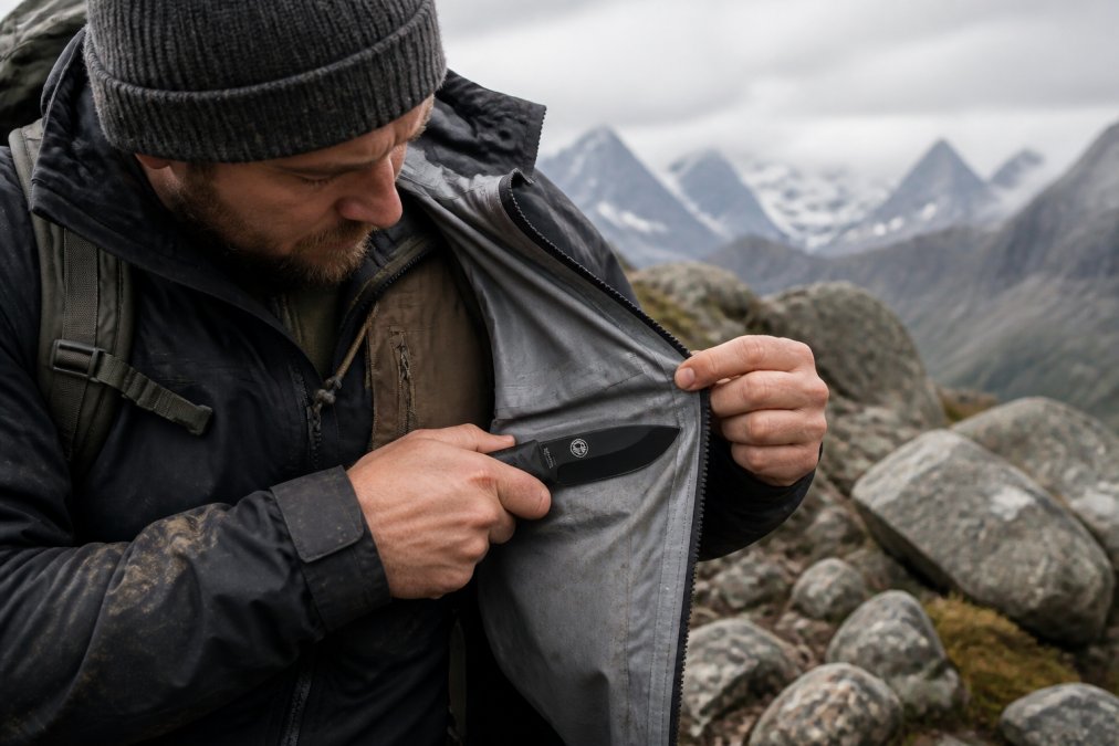 A hiker in technical layered gear examining the seams and weathered fabric of a shell jacket after a multi-day backcountry expedition in rugged alpine terrain