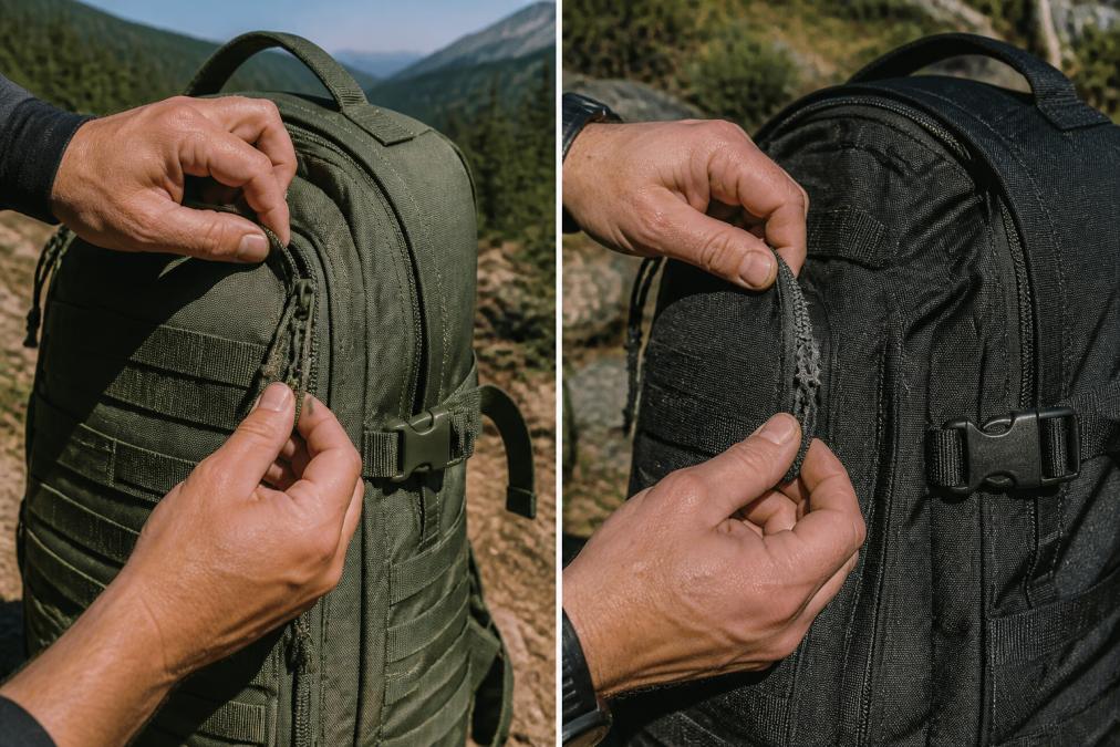 Close-up of a hiker's hands inspecting the heavy-duty stitching and zipper of a tactical backpack in a sunlit mountain trail setting