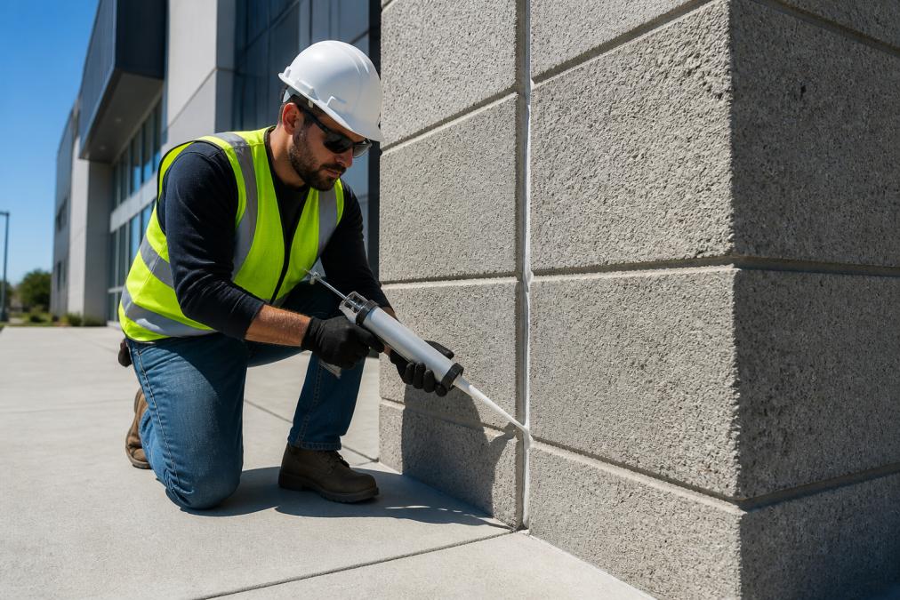 Wide shot of a construction professional in a hard hat and high-visibility vest applying caulk from a caulk gun over a backer rod seated in a large concrete masonry expansion joint on a commercial building exterior, bright afternoon sunlight