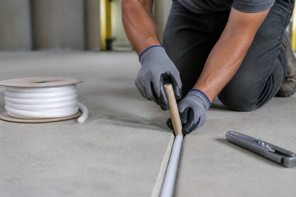 Close-up of a contractor's gloved hands pressing a round white foam backer rod into a concrete expansion joint using a smooth wooden dowel, the joint clearly visible in a grey concrete floor under bright workshop lighting
