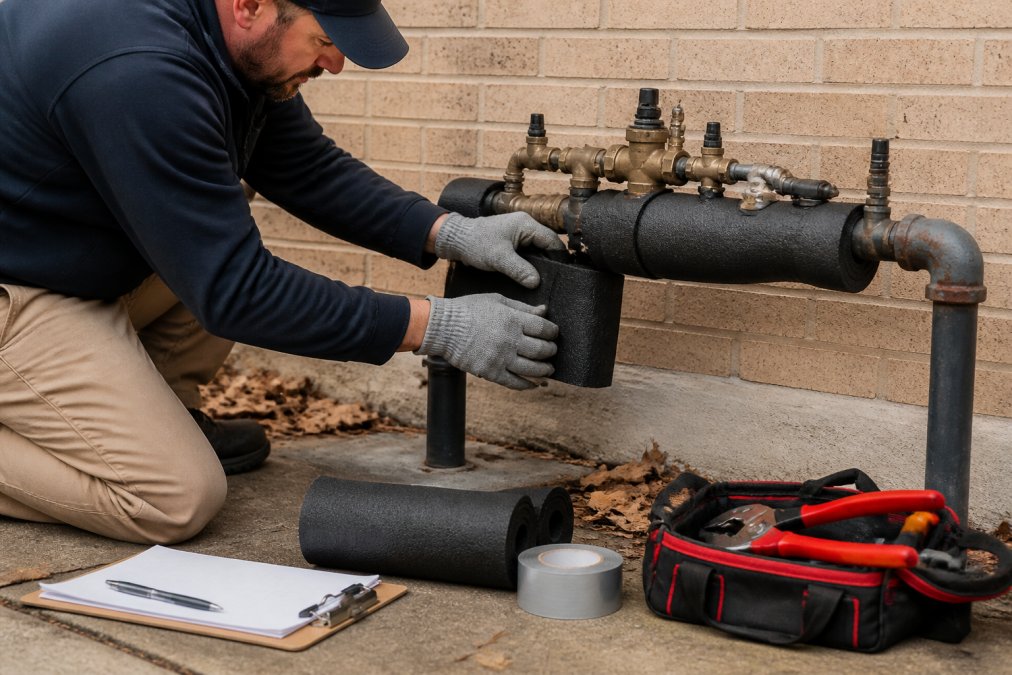 A technician in work gloves wrapping insulation around an outdoor backflow preventer pipe, with a clipboard and tools nearby