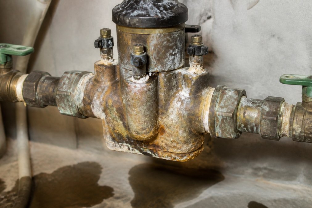 Close-up of a corroded backflow preventer valve with visible water stains, mineral deposits, and rust on the device body and brass connection points in a residential basement setting