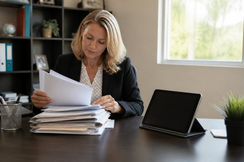 An HR manager reviewing a stack of candidate resumes while a tablet displaying a background check dashboard sits on the desk beside her, natural window light illuminating the modern office