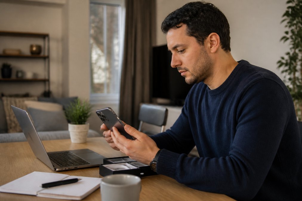 Young professional inspecting a refurbished tech smartphone at a desk with an open laptop listing page