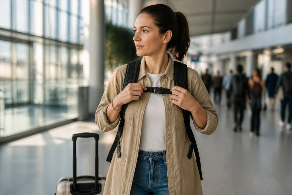 A woman in her 30s wearing a stylish travel backpack, adjusting the sternum strap while standing in a bright airport terminal with a rolling suitcase beside her