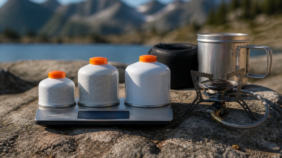 Fuel canisters of varying sizes sitting on a digital scale with a camping stove and cookware on a rocky surface