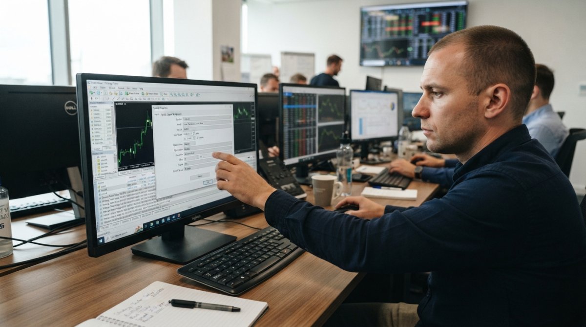 Professional trader adjusting MT5 Strategy Tester settings on computer monitor, focusing on symbol properties and spread configuration fields, hands on keyboard in well-lit trading room